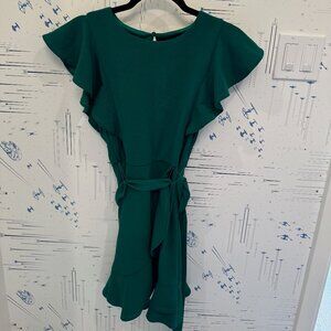 Crystal Doll Juniors' Green Ruffle-Sleeve Fit & Flare Dress (XS)
